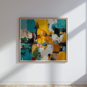 May include: Abstract oil painting with a gold frame. The artwork features a vibrant mix of colors, including teal, yellow, white, orange, and black. The painting is displayed on a white wall in a room with a window and a potted plant.