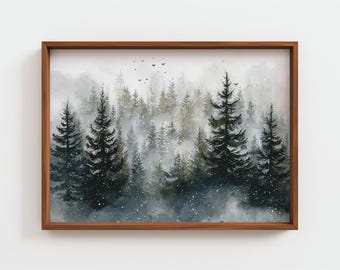 Watercolor Snowy Pine Forest, Minimalist Winter Landscape, Gray Toned Tree Print, Scandinavian Wall Art, Simple Snow Scene, Digital Download