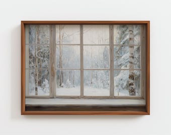 Snowy Forest Window View Painting, Cozy Winter Landscape, Light Academia Wall Art, Serene Cabin Decor, Printable Oil Painting, Digital
