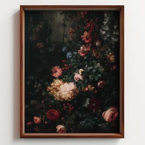 May include: A framed floral still life painting. The artwork features a dark background with a profusion of colorful flowers in shades of red, pink, yellow, and white. The wooden frame adds a classic touch to the piece.