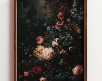 Moody Baroque Floral Oil Painting, Dark Botanical Wall Art, Vintage Flower Still Life, Dramatic Chiaroscuro Print, Printable Decor