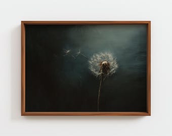Dandelion Seed Oil Painting, Surreal Minimalist Wall Art, Moody Dark Background Print, Dreamy Nature Poster, Vintage Style, Digital