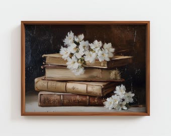 Vintage Flower and Book Painting, Dark Academia Still Life, Light Academia Wall Art, Moody Renaissance Floral Print, Digital Download