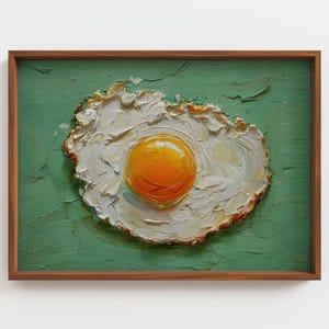 Può includere: Dipinto a olio di un uovo fritto con un tuorlo arancione brillante e albumi bianchi, su uno sfondo verde strutturato. L'opera è incorniciata in una cornice di legno marrone, creando un contrasto sorprendente.
