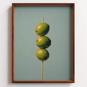 Hyperrealistic Green Olives Oil Painting Print, Modern Kitchen Wall Art, Minimalist Food Still Life, Bar Cart Decor, Martini Art Poster