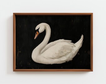 Weißer Schwan Gemälde, Vintage Vogel Kunst auf schwarzem Hintergrund, Minimalistischer Tierdruck, Stimmungsvolle elegante Wandkunst, Academia-Dekor, Digital