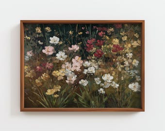 Vintage Wildflower Garden Painting, Impasto Floral Art, Matisse Style English Garden Print, Textured Pink Flower Wall Decor, Digital Oil