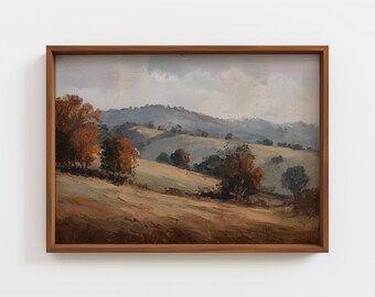 Autumn Rolling Hills Landscape, Muted Tones Oil Painting, Rustic Countryside Wall Art, Pastoral Scenery Print, Vintage Style, Digital