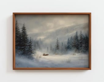 Horse and Sleigh Winter Painting, Snowy Landscape Print, Vintage Winter Wall Art, Misty Forest Scene, Holiday Decor, Digital Download