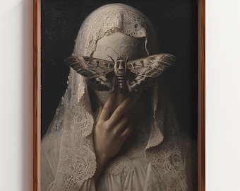 Veiled Woman Moth Art, Gothic Art Witchy Aesthetic, Dark Academia, Occult Poster Gothic Decor, Moody Wall Art, Surreal Art, Dark Romance