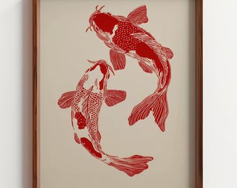 Red Koi Fish Linocut Print, Japanese Style Wall Art, Minimalist Fish Poster, Japandi Woodcut Illustration, Simple Zen Decor, Digital
