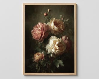 Dramatic Peony & Rose Still Life Painting, Moody Floral Wall Art, Vintage Botanical Print, Dark Academia Decor, Elegant Flower Art