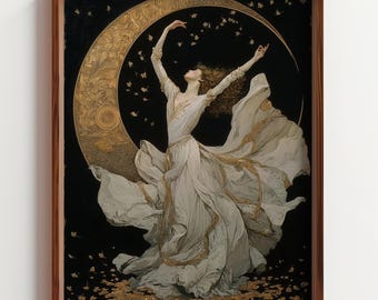 Woman Dancing on the Moon Painting, Gold and Silver Art Nouveau Print, Celestial Goddess Wall Art, Klimt and Mucha Style, Digital Download