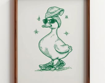 Dibujo de línea de pato genial, impresión de patito con gafas de sol, arte divertido en tinta verde, decoración minimalista para guardería, póster serigrafiado simple, digital