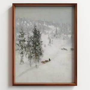 May include: A framed winter landscape painting. The artwork depicts a snowy scene with evergreen trees, a horse-drawn sled, and a figure. The painting is in a wooden frame.