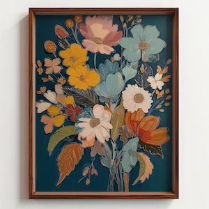 May include: A framed floral art print featuring a bouquet of colorful flowers in shades of pink, yellow, blue, and orange against a teal background. The artwork is enclosed in a brown wooden frame, creating a decorative piece.