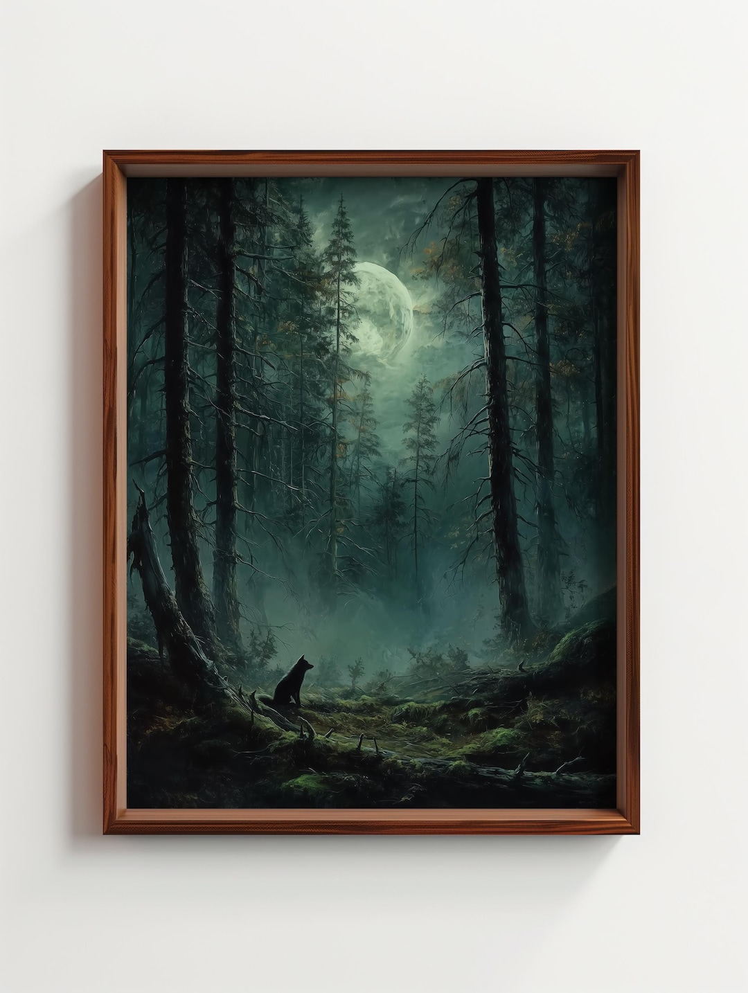 Wolf in Moonlit Forest Painting, Dark Fantasy Wall Art, Mystical Misty ...