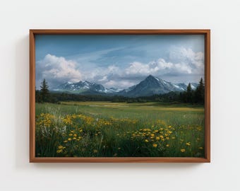 Wildflower Meadow Painting, Mountain Landscape Print, Yellow Floral Wall Art, Serene Nature Decor, Forest Meadow Art, Digital Download