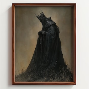Shadow King Oil Painting, Dark Fantasy Art Print, Grimdark Decor, Black Robed King Portrait, Moody Medieval Wall Art, Printable Artwork