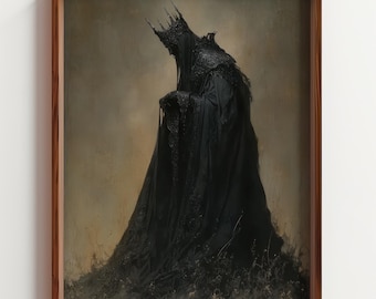 Shadow King Oil Painting, Dark Fantasy Art Print, Grimdark Decor, Black Robed King Portrait, Moody Medieval Wall Art, Printable Artwork