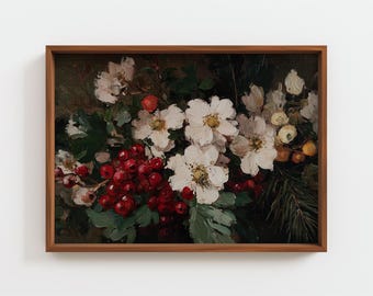 Vintage Flower and Berry Painting, Manet Style Still Life, White Floral & Red Berries Art, Classic Botanical Print, Holiday Decor, Digital