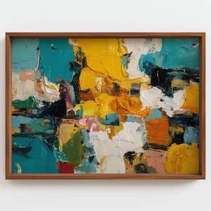 May include: Abstract oil painting in a wooden frame. The artwork features bold brushstrokes in shades of yellow, teal, white, orange, and black. The painting has a textured appearance, with visible layers of paint creating depth and visual interest.