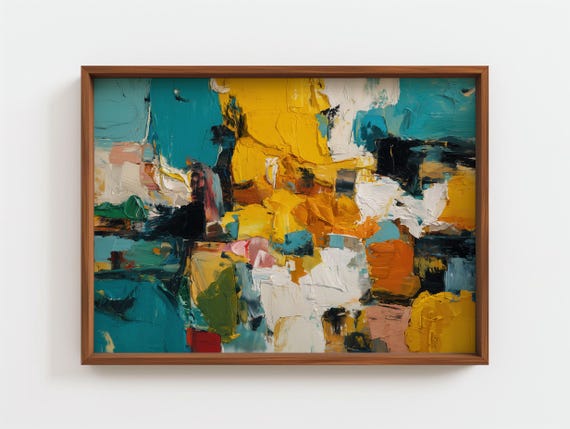 Bold Abstract Expressionist Painting, Teal Mustard and Black Art, Energetic Impasto Print, Spontaneous Emotional Artwork, Digital Download