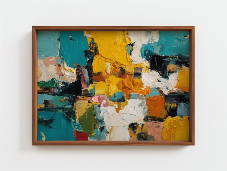 May include: Abstract oil painting in a wooden frame. The artwork features bold brushstrokes in shades of yellow, teal, white, orange, and black. The painting has a textured appearance, with visible layers of paint creating depth and visual interest.