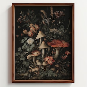 May include: A framed art print depicting a dark botanical scene. The artwork features mushrooms and flowers in shades of red, orange, and cream against a dark backdrop. The frame is a warm brown colour.