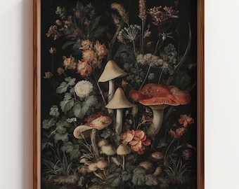 Dark Botanical Mushroom Painting, Vintage Cottagecore Wall Art, Goblincore Forest Floor Print, Moody Botanical Illustration, Printable