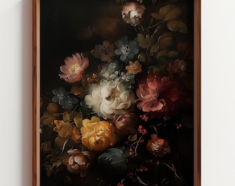 Dark Baroque Floral Painting, Moody Flower Still Life, Chiaroscuro Rembrandt Style Art, Vintage Gothic Wall Decor, Digital Download