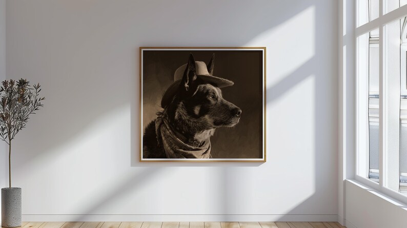 May include: Sepia-toned framed print of a dog wearing a cowboy hat and bandana. The dog is a medium-sized breed with upright ears, and the artwork has a vintage aesthetic. The print is displayed on a white wall.