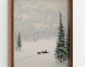 Winter Horse and Sled Painting, Hockney Style Landscape, Muted Impressionist Snow Scene, Minimalist Mountain Art, Digital Download
