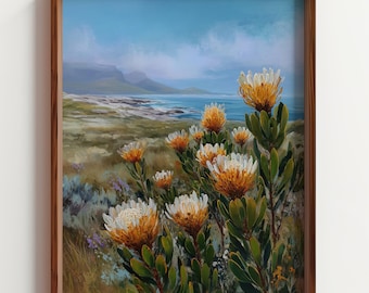 Cape Town Fynbos Oil Painting, West Coast Ocean View Art, South African Landscape Print, Coastal Botanical Decor, Printable