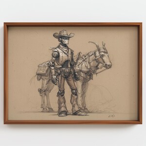 May include: Pencil sketch art print of a robot cowboy with a hat, vest, and chaps, standing next to a robotic horse. The artwork is framed in a wooden frame and set against a tan background.