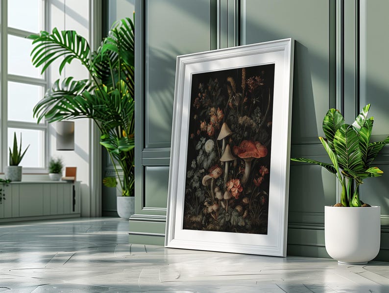 May include: A framed art print with a detailed botanical illustration of mushrooms and flowers in shades of red, brown, and cream. The white framed artwork leans against a green wall, with potted plants in the foreground.