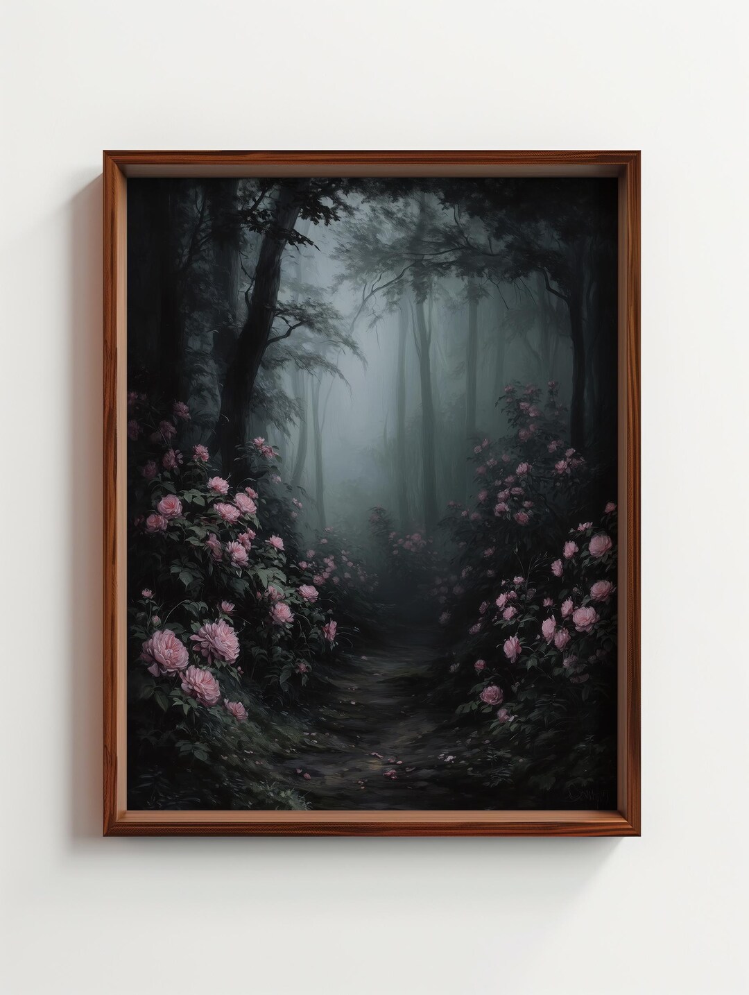 Eerie Forest Path With Pink Roses Painting, Dark Fantasy Wall Art ...