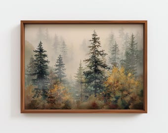 Vintage Pine Trees in Fog Watercolor, Moody Forest Landscape, Muted Autumn Wall Art, Misty Woodland Print, Atmospheric Scenery, Digital