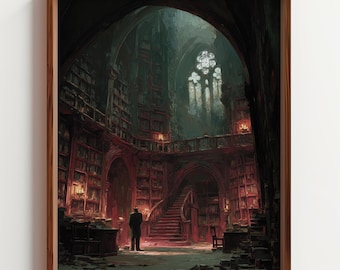 Lone Scholar in Gothic Library, Dark Academia Oil Painting, Moody Reading Nook Art, Chiaroscuro Literary Print, Digital Download