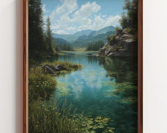 Serene Mountain Lake Painting, Tranquil Landscape Wall Art, Calming Nature Print Greenery Oil Painting Lakeside Cabin Decor Digital Download