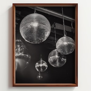 Disco Balls Black and White Photo, Vintage 70s Photography Print, Moody Party Wall Art, Retro Nightclub Decor, Monochrome Poster, Digital