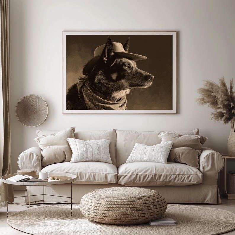 May include: Sepia-toned framed print of a dog wearing a cowboy hat and bandana. The dog is a medium-sized breed with dark fur, and the artwork is displayed above a beige sofa with decorative pillows. The room has a neutral color palette.