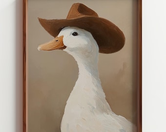 Duck With Cowboy Hat Print, Funny Western Animal Art, Minimalist Farmhouse Decor, Quirky Neutral Nursery Art, Simple Duck Painting, Digital