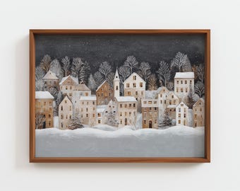 Cozy Winter Town at Night, Watercolor Snowy Village, Dreamy Holiday Scene Print, Dark Sky Winter Art, Elegant Wall Decor, Digital