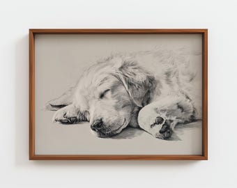 Sleeping Golden Retriever Sketch, Minimalist Dog Line Art, Simple Pet Portrait, Nursery Wall Decor, Pencil Drawing Print, Digital Download
