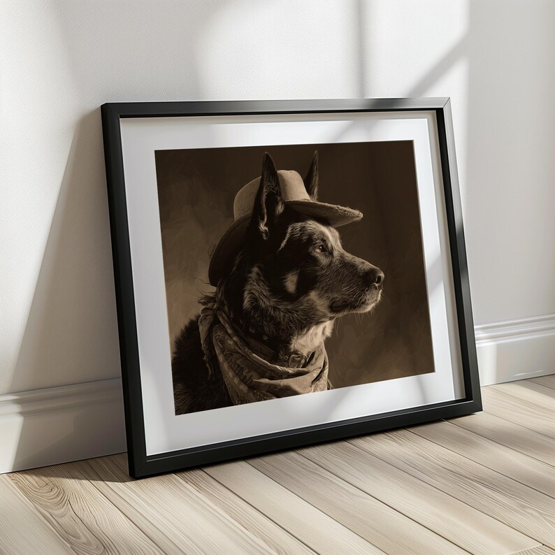 May include: Sepia-toned framed print featuring a dog wearing a cowboy hat and bandana. The dog is a medium-sized breed with dark fur, and the artwork is displayed in a black frame with a white mat. The print is leaning against a white wall.