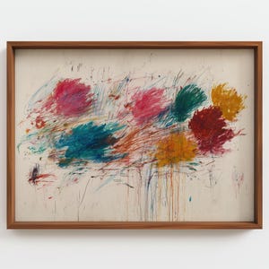 May include: Abstract artwork in a wooden frame. The painting features colorful brushstrokes in shades of red, pink, blue, green, and yellow. The artwork has a textured appearance with splatters and drips of paint.