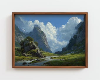 Epic Fantasy Mountain Print, Greg Rutkowski Style Wall Art, Valley Landscape Poster Concept Art Decor Moody Gaming Room Art Digital Download