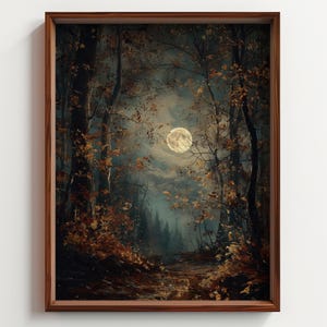 Gothic Moon Through Autumn Trees Oil Painting, Enchanted Forest Wall Art, Dark Academia Decor, Moody Vintage Landscape Print, Printable