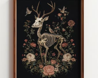 Deer Skeleton and Flowers Painting, Gothic Illustration Art Print, Moody Floral Wall Decor, Dark Cottagecore Art, Digital Download